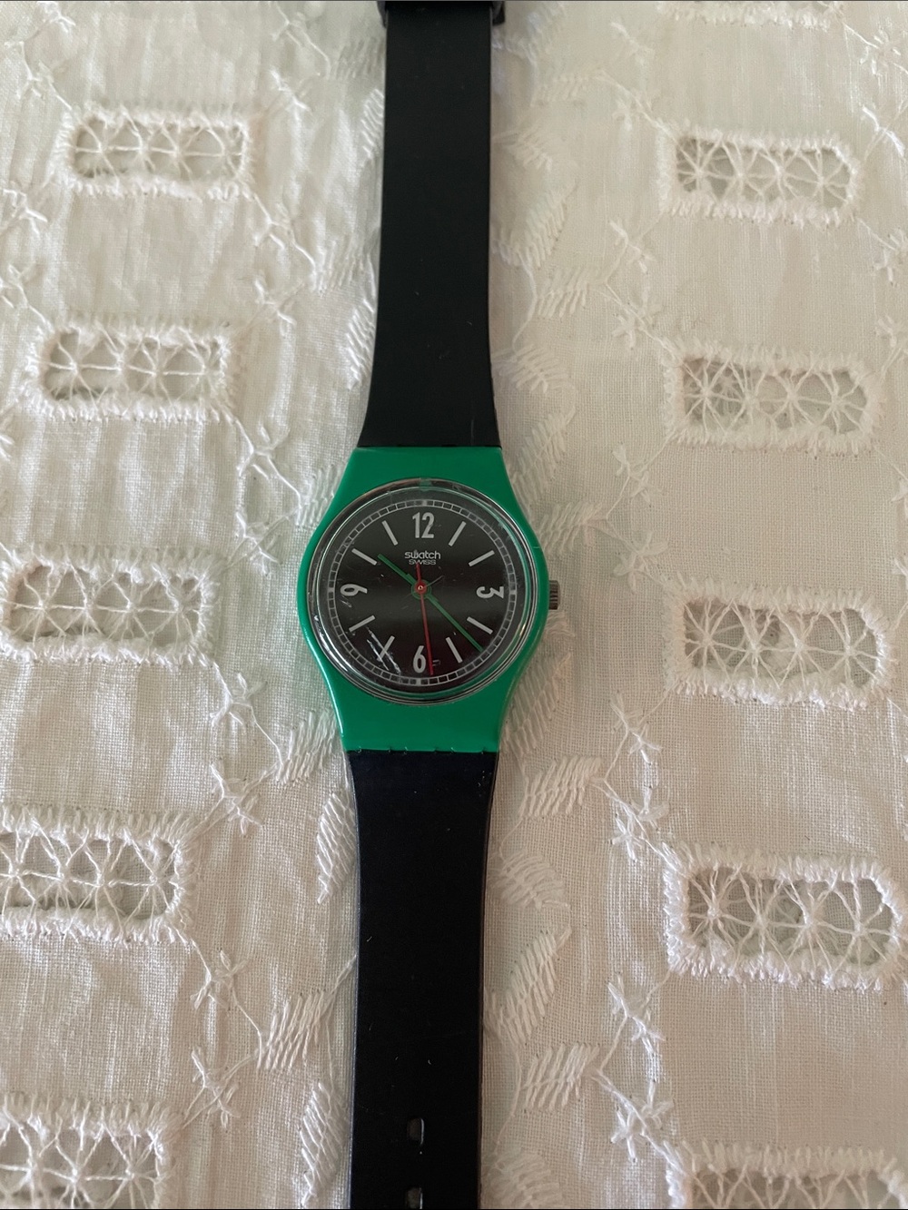 Swatch Green Case Black Strap Watch with Red Second Hand